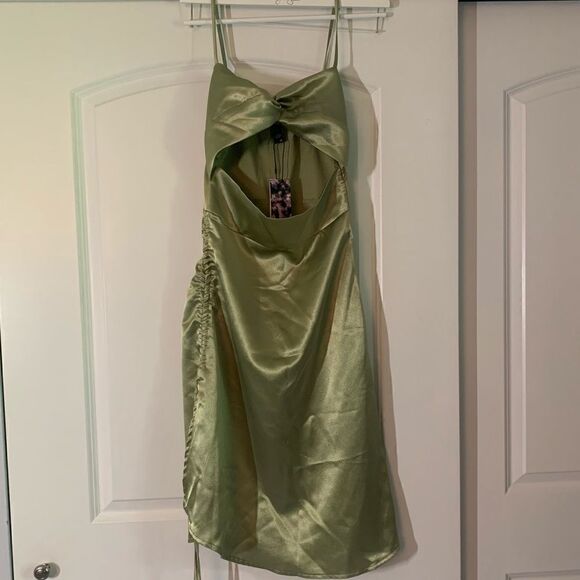 Cider Green Ruched Satin Midi Dress NWT - Picture 1 of 6